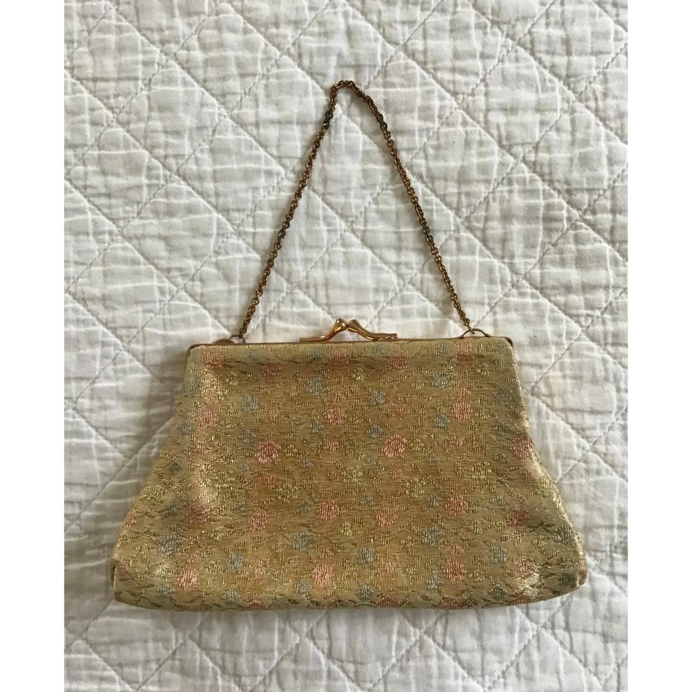 Vintage Gold Brocade Floral Evening Bag Kiss Lock Clutch Gold Chain Prom Wedding